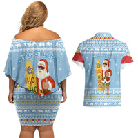 Seychelles Christmas Couples Matching Off Shoulder Short Dress and Hawaiian Shirt with Ocean Blue Pattern, Marlin Fish Artwork, and Surfing Santa Motif - Wonder Print Shop