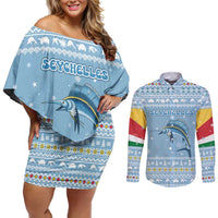 Seychelles Christmas Couples Matching Off Shoulder Short Dress and Long Sleeve Button Shirt with Ocean Blue Pattern, Marlin Fish Artwork, and Surfing Santa Motif - Wonder Print Shop