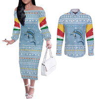 Seychelles Christmas Couples Matching Off The Shoulder Long Sleeve Dress and Long Sleeve Button Shirt with Ocean Blue Pattern, Marlin Fish Artwork, and Surfing Santa Motif - Wonder Print Shop