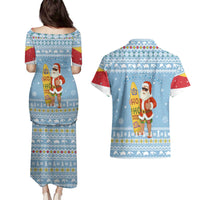 Seychelles Christmas Couples Matching Puletasi and Hawaiian Shirt with Ocean Blue Pattern, Marlin Fish Artwork, and Surfing Santa Motif - Wonder Print Shop
