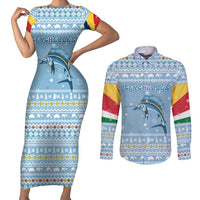 Seychelles Christmas Couples Matching Short Sleeve Bodycon Dress and Long Sleeve Button Shirt with Ocean Blue Pattern, Marlin Fish Artwork, and Surfing Santa Motif - Wonder Print Shop