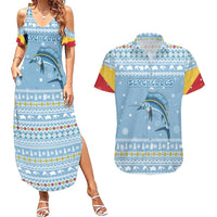 Seychelles Christmas Couples Matching Summer Maxi Dress and Hawaiian Shirt with Ocean Blue Pattern, Marlin Fish Artwork, and Surfing Santa Motif - Wonder Print Shop