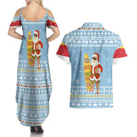 Seychelles Christmas Couples Matching Summer Maxi Dress and Hawaiian Shirt with Ocean Blue Pattern, Marlin Fish Artwork, and Surfing Santa Motif - Wonder Print Shop