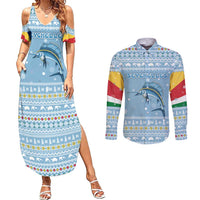 Seychelles Christmas Couples Matching Summer Maxi Dress and Long Sleeve Button Shirt with Ocean Blue Pattern, Marlin Fish Artwork, and Surfing Santa Motif - Wonder Print Shop