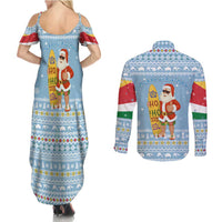 Seychelles Christmas Couples Matching Summer Maxi Dress and Long Sleeve Button Shirt with Ocean Blue Pattern, Marlin Fish Artwork, and Surfing Santa Motif - Wonder Print Shop