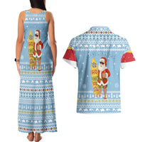 Seychelles Christmas Couples Matching Tank Maxi Dress and Hawaiian Shirt with Ocean Blue Pattern, Marlin Fish Artwork, and Surfing Santa Motif - Wonder Print Shop