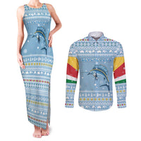 Seychelles Christmas Couples Matching Tank Maxi Dress and Long Sleeve Button Shirt with Ocean Blue Pattern, Marlin Fish Artwork, and Surfing Santa Motif - Wonder Print Shop