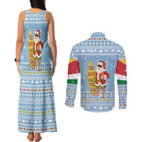 Seychelles Christmas Couples Matching Tank Maxi Dress and Long Sleeve Button Shirt with Ocean Blue Pattern, Marlin Fish Artwork, and Surfing Santa Motif - Wonder Print Shop