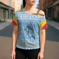 Seychelles Christmas Cross Shoulder Shirt with Ocean Blue Pattern, Marlin Fish Artwork, and Surfing Santa Motif - Wonder Print Shop