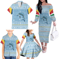 Seychelles Christmas Family Matching Off The Shoulder Long Sleeve Dress and Hawaiian Shirt with Ocean Blue Pattern, Marlin Fish Artwork, and Surfing Santa Motif - Wonder Print Shop
