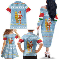 Seychelles Christmas Family Matching Off The Shoulder Long Sleeve Dress and Hawaiian Shirt with Ocean Blue Pattern, Marlin Fish Artwork, and Surfing Santa Motif - Wonder Print Shop
