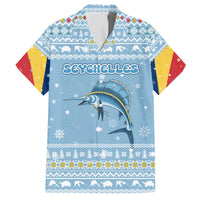 Seychelles Christmas Family Matching Off The Shoulder Long Sleeve Dress and Hawaiian Shirt with Ocean Blue Pattern, Marlin Fish Artwork, and Surfing Santa Motif - Wonder Print Shop