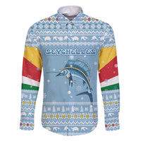 Seychelles Christmas Family Matching Off The Shoulder Long Sleeve Dress and Hawaiian Shirt with Ocean Blue Pattern, Marlin Fish Artwork, and Surfing Santa Motif - Wonder Print Shop