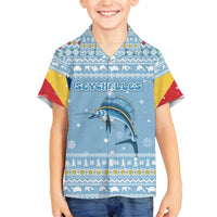 Seychelles Christmas Family Matching Off The Shoulder Long Sleeve Dress and Hawaiian Shirt with Ocean Blue Pattern, Marlin Fish Artwork, and Surfing Santa Motif - Wonder Print Shop