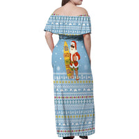 Seychelles Christmas Family Matching Off Shoulder Maxi Dress and Hawaiian Shirt with Ocean Blue Pattern, Marlin Fish Artwork, and Surfing Santa Motif - Wonder Print Shop