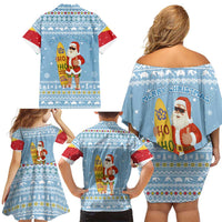 Seychelles Christmas Family Matching Off Shoulder Short Dress and Hawaiian Shirt with Ocean Blue Pattern, Marlin Fish Artwork, and Surfing Santa Motif - Wonder Print Shop
