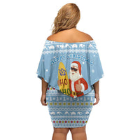 Seychelles Christmas Family Matching Off Shoulder Short Dress and Hawaiian Shirt with Ocean Blue Pattern, Marlin Fish Artwork, and Surfing Santa Motif - Wonder Print Shop