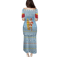 Seychelles Christmas Family Matching Puletasi and Hawaiian Shirt with Ocean Blue Pattern, Marlin Fish Artwork, and Surfing Santa Motif - Wonder Print Shop