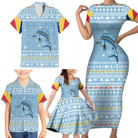 Seychelles Christmas Family Matching Short Sleeve Bodycon Dress and Hawaiian Shirt with Ocean Blue Pattern, Marlin Fish Artwork, and Surfing Santa Motif - Wonder Print Shop