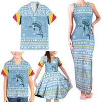 Seychelles Christmas Family Matching Tank Maxi Dress and Hawaiian Shirt with Ocean Blue Pattern, Marlin Fish Artwork, and Surfing Santa Motif - Wonder Print Shop