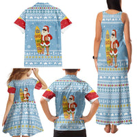 Seychelles Christmas Family Matching Tank Maxi Dress and Hawaiian Shirt with Ocean Blue Pattern, Marlin Fish Artwork, and Surfing Santa Motif - Wonder Print Shop