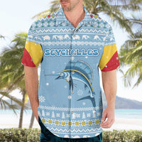 Seychelles Christmas Hawaiian Shirt with Ocean Blue Pattern, Marlin Fish Artwork, and Surfing Santa Motif - Wonder Print Shop