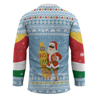 Seychelles Christmas Hockey Jersey with Ocean Blue Pattern, Marlin Fish Artwork, and Surfing Santa Motif - Wonder Print Shop
