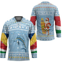 Seychelles Christmas Hockey Jersey with Ocean Blue Pattern, Marlin Fish Artwork, and Surfing Santa Motif - Wonder Print Shop