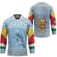 Seychelles Christmas Hockey Jersey with Ocean Blue Pattern, Marlin Fish Artwork, and Surfing Santa Motif - Wonder Print Shop