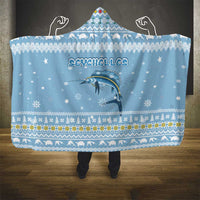 Seychelles Christmas Hooded Blanket with Ocean Blue Pattern, Marlin Fish Artwork, and Surfing Santa Motif - Wonder Print Shop