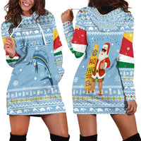 Seychelles Christmas Hoodie Dress with Ocean Blue Pattern, Marlin Fish Artwork, and Surfing Santa Motif - Wonder Print Shop