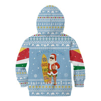 Seychelles Christmas Kid Hoodie with Ocean Blue Pattern, Marlin Fish Artwork, and Surfing Santa Motif - Wonder Print Shop