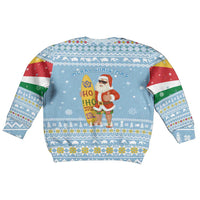 Seychelles Christmas Kid Ugly Christmas Sweater with Ocean Blue Pattern, Marlin Fish Artwork, and Surfing Santa Motif - Wonder Print Shop