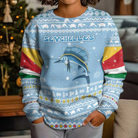 Seychelles Christmas Kid Ugly Christmas Sweater with Ocean Blue Pattern, Marlin Fish Artwork, and Surfing Santa Motif - Wonder Print Shop