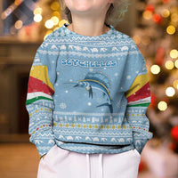 Seychelles Christmas Kid Ugly Christmas Sweater with Ocean Blue Pattern, Marlin Fish Artwork, and Surfing Santa Motif - Wonder Print Shop