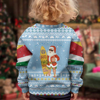 Seychelles Christmas Kid Ugly Christmas Sweater with Ocean Blue Pattern, Marlin Fish Artwork, and Surfing Santa Motif - Wonder Print Shop