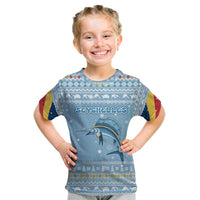 Seychelles Christmas Kid T Shirt with Ocean Blue Pattern, Marlin Fish Artwork, and Surfing Santa Motif - Wonder Print Shop
