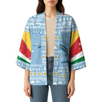 Seychelles Christmas Kimono with Ocean Blue Pattern, Marlin Fish Artwork, and Surfing Santa Motif - Wonder Print Shop