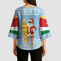 Seychelles Christmas Kimono Sleeve Blouse with Ocean Blue Pattern, Marlin Fish Artwork, and Surfing Santa Motif - Wonder Print Shop