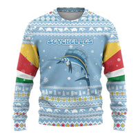 Seychelles Christmas Ugly Christmas Sweater with Ocean Blue Pattern, Marlin Fish Artwork, and Surfing Santa Motif - Wonder Print Shop