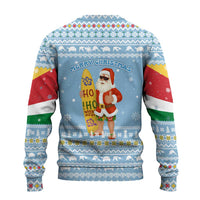 Seychelles Christmas Ugly Christmas Sweater with Ocean Blue Pattern, Marlin Fish Artwork, and Surfing Santa Motif - Wonder Print Shop