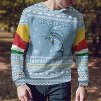 Seychelles Christmas Ugly Christmas Sweater with Ocean Blue Pattern, Marlin Fish Artwork, and Surfing Santa Motif - Wonder Print Shop