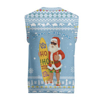 Seychelles Christmas Knitted V-Neck Vest with Ocean Blue Pattern, Marlin Fish Artwork, and Surfing Santa Motif - Wonder Print Shop