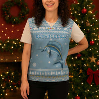 Seychelles Christmas Knitted V-Neck Vest with Ocean Blue Pattern, Marlin Fish Artwork, and Surfing Santa Motif - Wonder Print Shop