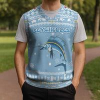 Seychelles Christmas Knitted V-Neck Vest with Ocean Blue Pattern, Marlin Fish Artwork, and Surfing Santa Motif - Wonder Print Shop