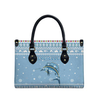 Seychelles Christmas Leather Bag with Ocean Blue Pattern, Marlin Fish Artwork, and Surfing Santa Motif - Wonder Print Shop
