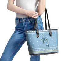 Seychelles Christmas Leather Tote Bag with Ocean Blue Pattern, Marlin Fish Artwork, and Surfing Santa Motif - Wonder Print Shop