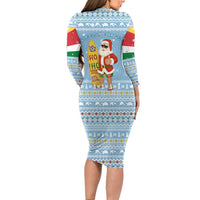 Seychelles Christmas Long Sleeve Bodycon Dress with Ocean Blue Pattern, Marlin Fish Artwork, and Surfing Santa Motif - Wonder Print Shop