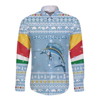 Seychelles Christmas Long Sleeve Button Shirt with Ocean Blue Pattern, Marlin Fish Artwork, and Surfing Santa Motif - Wonder Print Shop