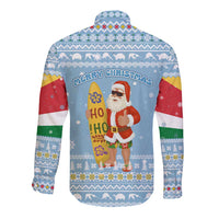 Seychelles Christmas Long Sleeve Button Shirt with Ocean Blue Pattern, Marlin Fish Artwork, and Surfing Santa Motif - Wonder Print Shop